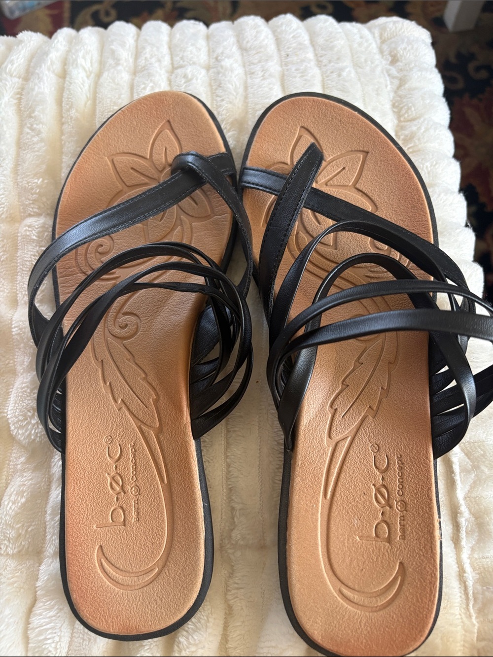 b.o.c. Black Strappy Slide Sandals with Tan Footbed